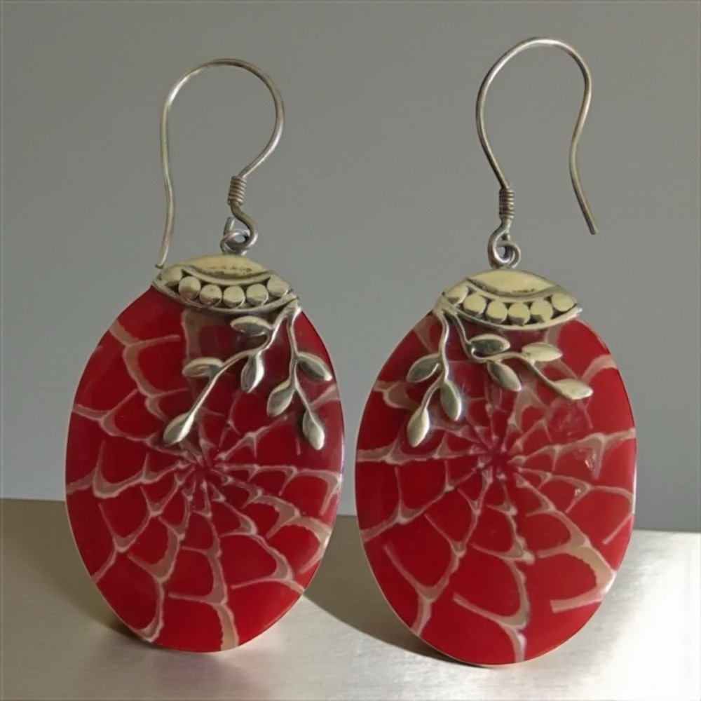 Sterling Sliver Hand‎ Painted Sider Web Red Stone Dangle Drop Earrings